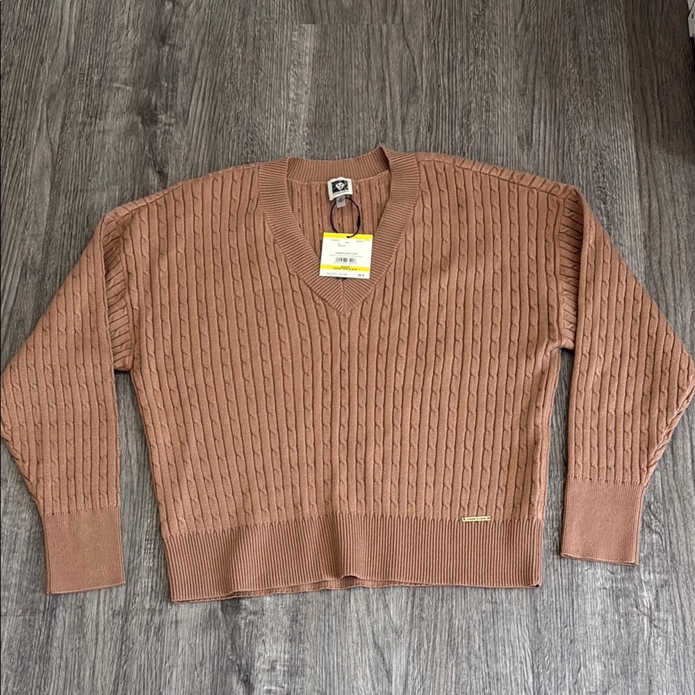 Anne‎ Klein V-Neck Brown Sweater Ribbed Knit